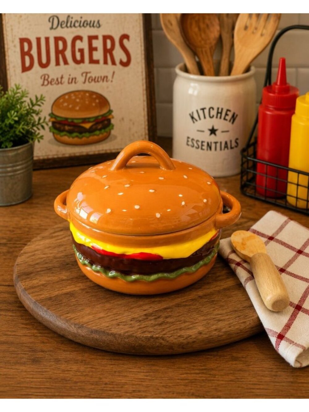 New Brown Ceramic Cheeseburger Mini Baker W/ Spreader Party BBQ Kitchen